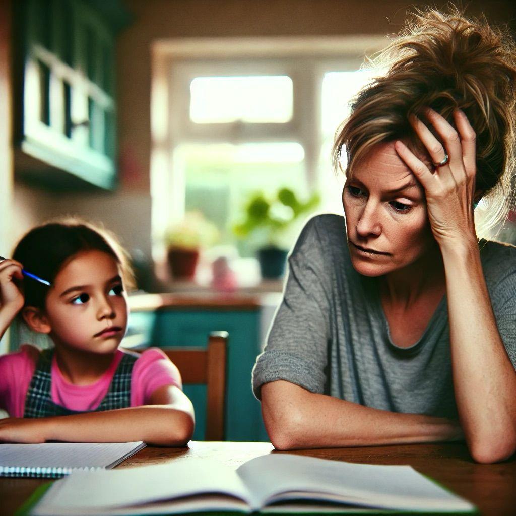 Mãe e filha em um momento de estudo em casa